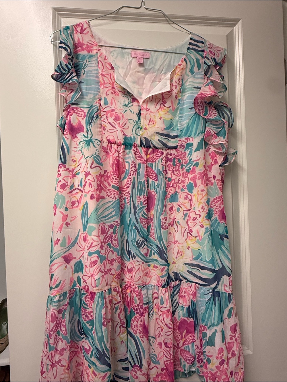 Lilly Pulitzer Pink & Teal Floral Ruffle Tiered Dress